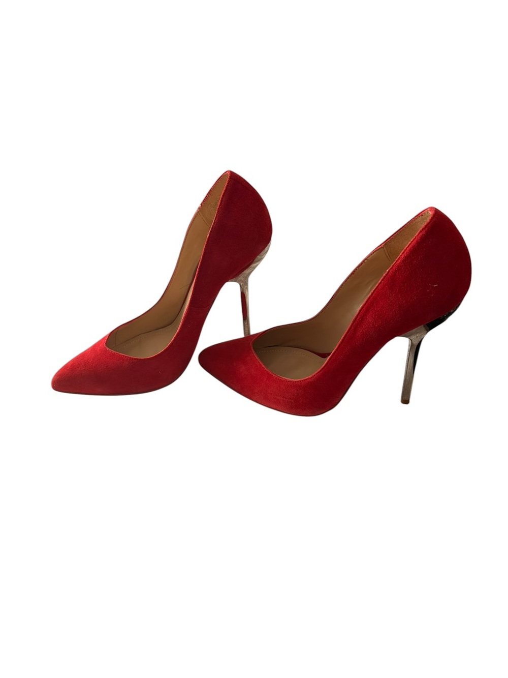 Aldo Red Suede Pointed-Toe Stiletto Pumps With Metallic Silver Heel- Size 37